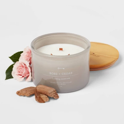 14oz Lidded Gray Glass Jar Crackling Wooden 3-Wick Candle With Clear Label Rose + Cedar - Threshold™ 4 14oz Lidded Gray Glass Jar Crackling Wooden 3-Wick Candle With Clear Label Rose + Cedar - Threshold™ - Image 2