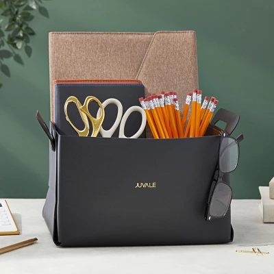 Juvale 2 Pack Faux Leather Foldable Storage Bins With Handles, Collapsible Baskets For Home Organization, Black, 10 X 6.5 In 4 Juvale 2 Pack Faux Leather Foldable Storage Bins With Handles, Collapsible Baskets For Home Organization, Black, 10 X 6.5 In - Image 2