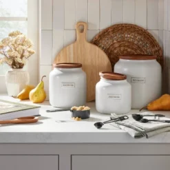 New Arrival 2 Dry Goods Stoneware Canister With Wood Lid Cream/Brown - Hearth & Hand™ With Magnolia