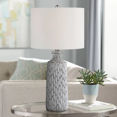 360 Lighting Patrick Modern Coastal Table Lamp 26 1/4" High Gray White Wash Geometric Ceramic Drum Fabric Shade For Bedroom Living Room Bedside Office 3 360 Lighting Patrick Modern Coastal Table Lamp 26 1/4" High Gray White Wash Geometric Ceramic Drum Fabric Shade For Bedroom Living Room Bedside Office