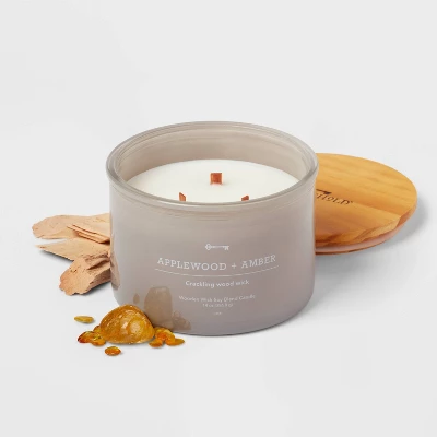 14oz Lidded Gray Glass Jar Crackling Wooden 3-Wick Candle With Clear Label Applewood + Amber - Threshold™ 4 14oz Lidded Gray Glass Jar Crackling Wooden 3-Wick Candle With Clear Label Applewood + Amber - Threshold™ - Image 2
