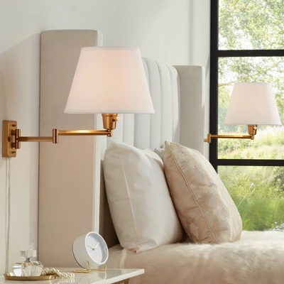 360 Lighting Clement Modern Swing Arm Wall Lamps Set Of 2 Warm Gold Plug-in Light Fixture White Linen Shade For Bedroom Bedside Living Room Reading 3 360 Lighting Clement Modern Swing Arm Wall Lamps Set Of 2 Warm Gold Plug-in Light Fixture White Linen Shade For Bedroom Bedside Living Room Reading