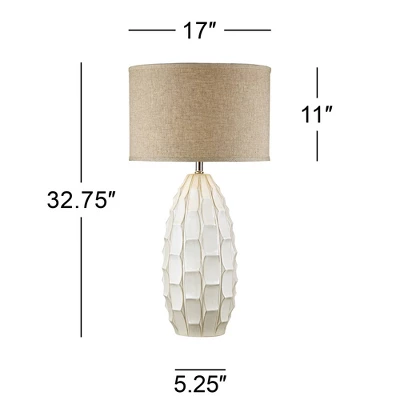Possini Euro Design Cosgrove Modern Mid Century Table Lamp 32 3/4" Tall White Glazed Ceramic Beige Fabric Drum Shade For Bedroom Living Room Bedside 7 Possini Euro Design Cosgrove Modern Mid Century Table Lamp 32 3/4" Tall White Glazed Ceramic Beige Fabric Drum Shade For Bedroom Living Room Bedside - Image 5