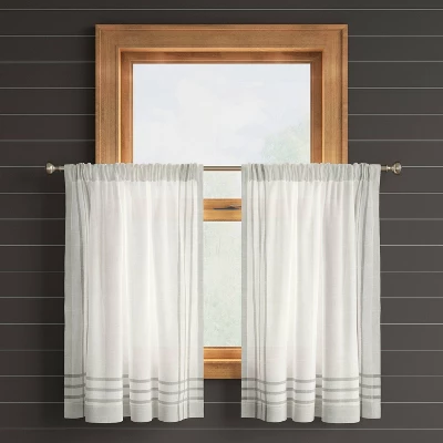 2pk 42"x36" Light Filtering Stripe Border Curtain Tiers Cream/Gray - Threshold™ 4 2pk 42"x36" Light Filtering Stripe Border Curtain Tiers Cream/Gray - Threshold™ - Image 2