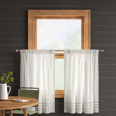 2pk 42"x36" Light Filtering Stripe Border Curtain Tiers Cream/Gray - Threshold™ 3 2pk 42"x36" Light Filtering Stripe Border Curtain Tiers Cream/Gray - Threshold™