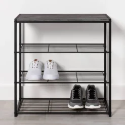 4 Tier Shoe Rack Black Metal With Black Oak Wood - Brightroom™