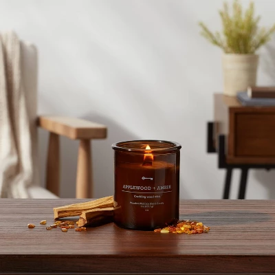 9oz Lidded Glass Jar Crackling Wooden Wick Candle Applewood And Amber - Threshold™ 3 9oz Lidded Glass Jar Crackling Wooden Wick Candle Applewood And Amber - Threshold™