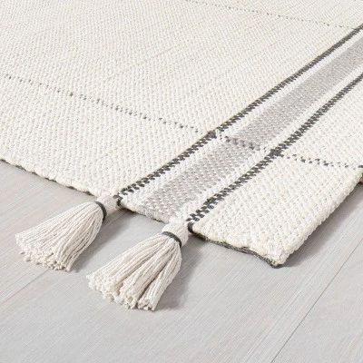Simple Border Stripe With Corner Tassel Rug White/Gray - Hearth & Hand™ With Magnolia 3 Simple Border Stripe With Corner Tassel Rug White/Gray - Hearth & Hand™ With Magnolia