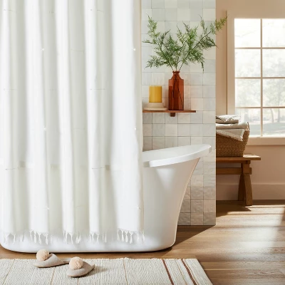 Clip Stitch Knotted Fringe Woven Shower Curtain Sour Cream - Hearth & Hand™ With Magnolia 4 Clip Stitch Knotted Fringe Woven Shower Curtain Sour Cream - Hearth & Hand™ With Magnolia - Image 2