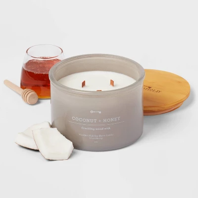 14oz Lidded Gray Glass Jar Crackling Wooden 3-Wick Candle With Clear Label Coconut And Honey - Threshold™ 3 14oz Lidded Gray Glass Jar Crackling Wooden 3-Wick Candle With Clear Label Coconut And Honey - Threshold™ - Image 2