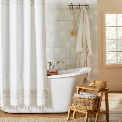 Embroidered Border Stripe Woven Shower Curtain Taupe - Hearth & Hand™ With Magnolia 4 Embroidered Border Stripe Woven Shower Curtain Taupe - Hearth & Hand™ With Magnolia - Image 2