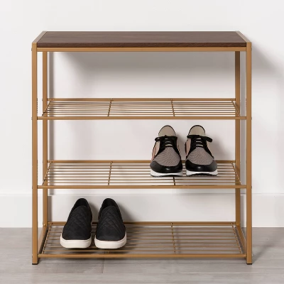 4 Tier Shoe Rack Brass With Walnut Wood - Brightroom™ 3 4 Tier Shoe Rack Brass With Walnut Wood - Brightroom™
