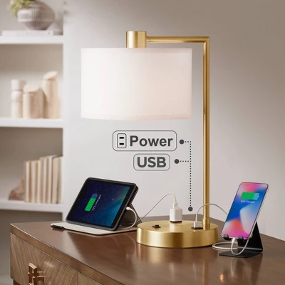 360 Lighting Colby Modern Desk Lamp 21" High Antique Gold With USB And AC Power Outlet In Base White Linen Drum Shade For Bedroom Living Room Desk 3 360 Lighting Colby Modern Desk Lamp 21" High Antique Gold With USB And AC Power Outlet In Base White Linen Drum Shade For Bedroom Living Room Desk