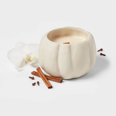 12oz Brushed Abstract Pumpkin Ceramic With Woodwick And Dustcover Warm Cider + Cinnamon Candle - Threshold™ 4 12oz Brushed Abstract Pumpkin Ceramic With Woodwick And Dustcover Warm Cider + Cinnamon Candle - Threshold™ - Image 2