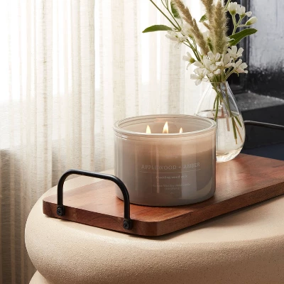 14oz Lidded Gray Glass Jar Crackling Wooden 3-Wick Candle With Clear Label Applewood + Amber - Threshold™ 3 14oz Lidded Gray Glass Jar Crackling Wooden 3-Wick Candle With Clear Label Applewood + Amber - Threshold™